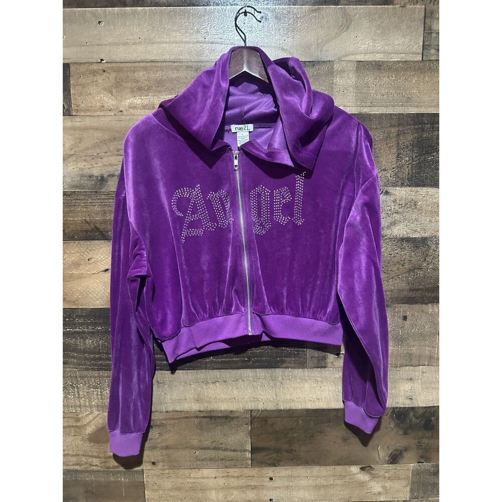 Rue 21 Velour Purple Crop Hoodie Sweatshirt Full Zip Womens Large Rhinestones